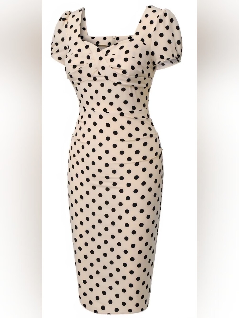 Retro Stage 60's Style Polka Dot Puff Sleeve Dress in Beige and Black, Size 2XL